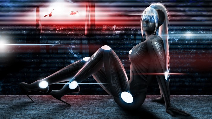 Cyborg woman sitting in a futuristic city