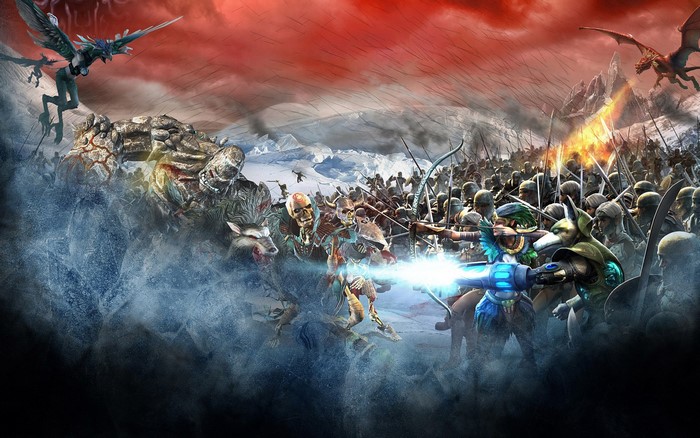 Battle between armies with mythical creatures and soldiers