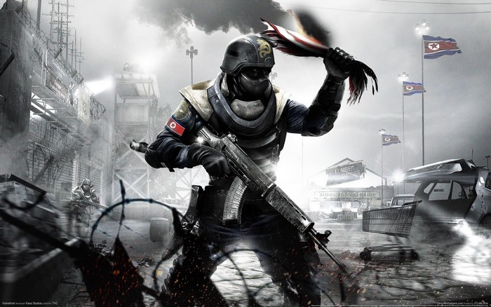 Soldier holding a tattered flag in Homefront