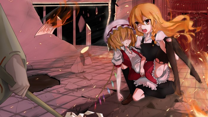 Touhou Project: Flandre Scarlet carrying a wounded Remilia Scarlet