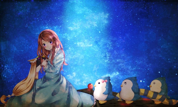 Girl with penguins in a starry sky