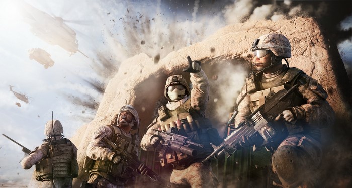 Soldiers in combat with helicopters and explosions
