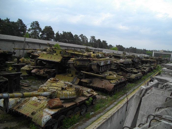 Junkyard of abandoned Soviet tanks