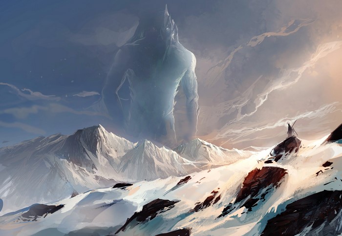 Giant Ice Creature Overlooking Snowy Mountains with a Lone Figure