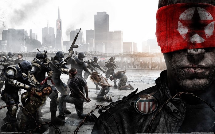 Homefront: Soldiers apprehending civilians in a city