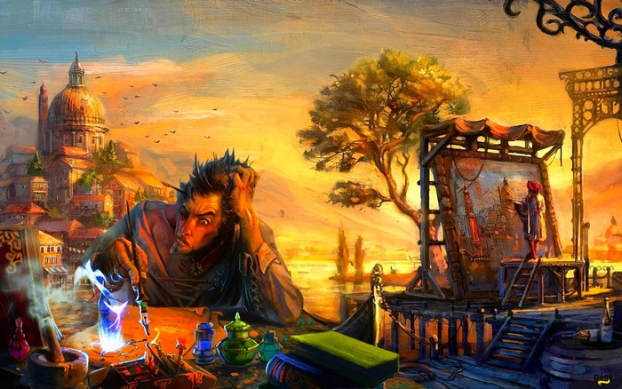 Fantasy artist painting a city at sunset