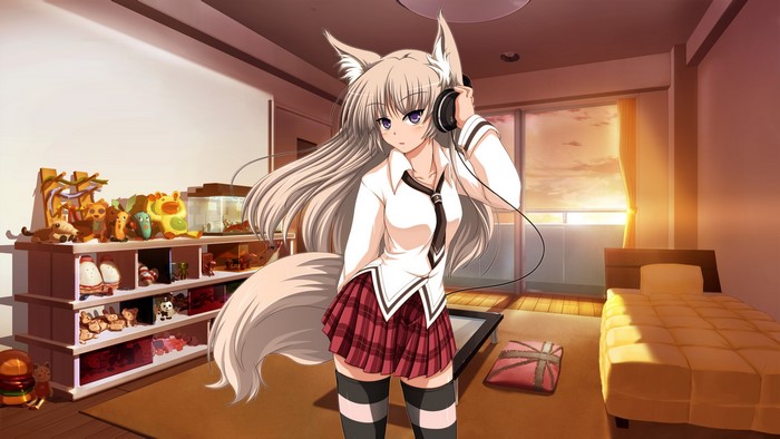 Kitsune girl with headphones in a room
