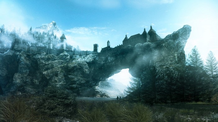 Castle on a rocky arch in The Elder Scrolls V: Skyrim