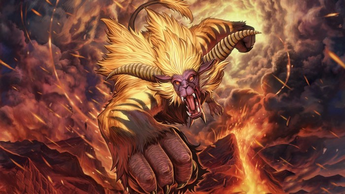 A monstrous creature with tiger stripes and a lion's mane