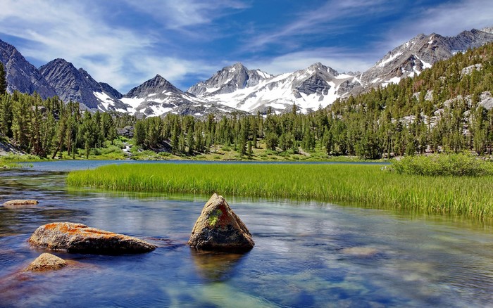 Snow-capped mountains and a lake with rocks in the foreground
