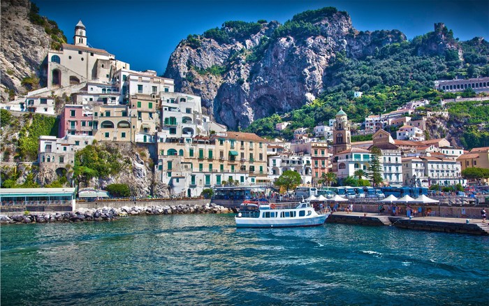 Amalfi Coast, Italy with boats and buildings