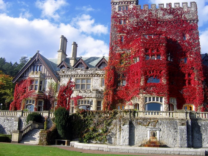 Hatley Castle covered in red ivy under a blue sky