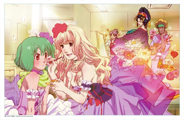 Macross Frontier characters preparing for an event