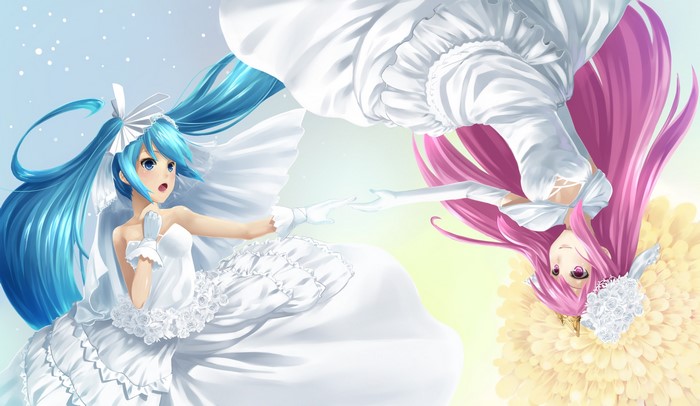 Hatsune Miku and Kagamine Rin in wedding dresses