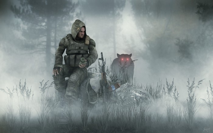 Stalker with a creature in a foggy forest