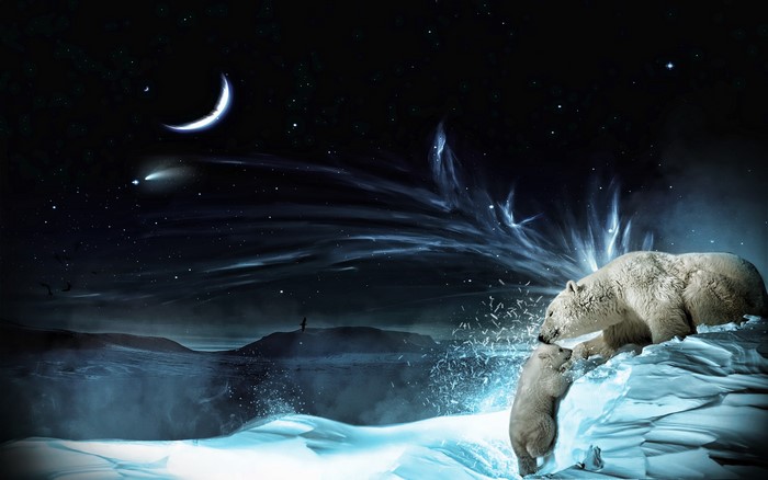 Polar bears under a starry night sky with aurora