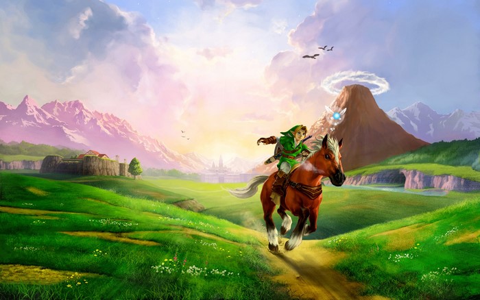 Link riding Epona in Hyrule Field from The Legend of Zelda