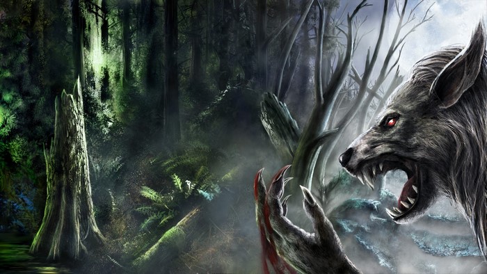 Werewolf with red eyes in a dark forest