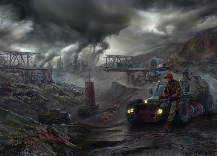 Apocalypse scene with a man and his vehicle