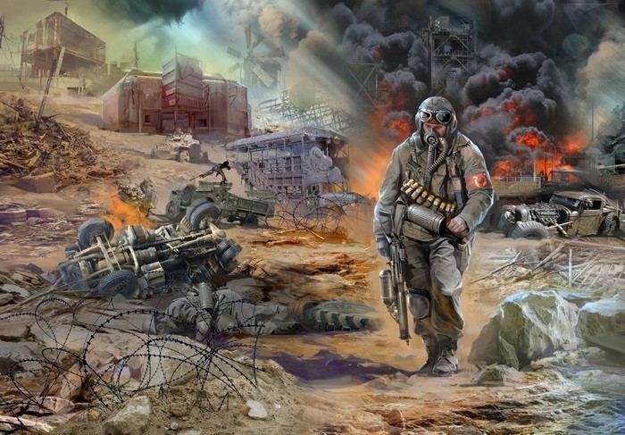 Post-apocalyptic soldier walking through destroyed city