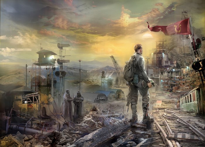 Post-apocalyptic landscape with survivors and industrial ruins