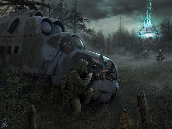 STALKER characters near a crashed helicopter and energy anomaly