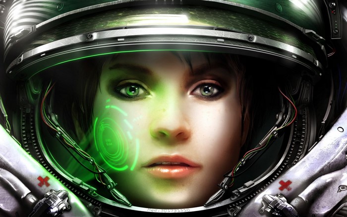 Woman in a futuristic helmet from StarCraft 2