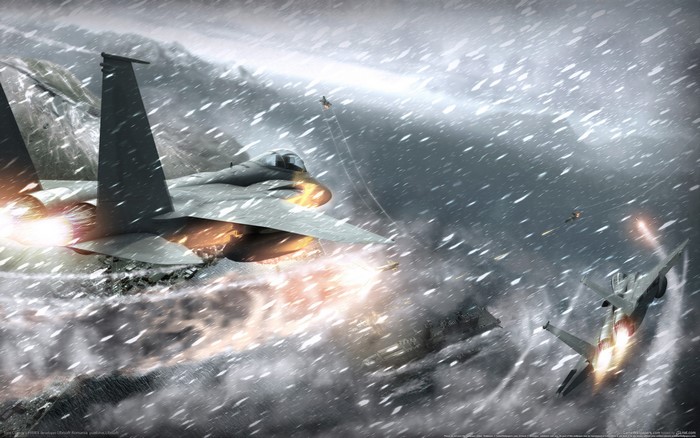 Fighters in a snowstorm over mountains