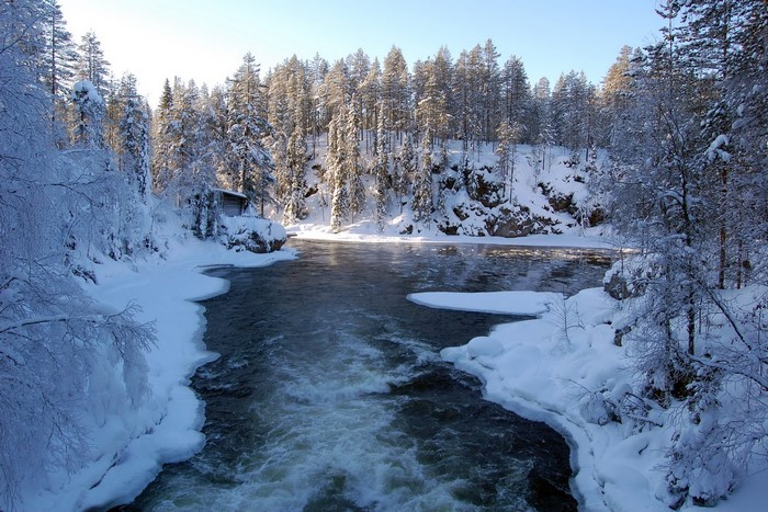 Winter river flowing through a snow-covered forest