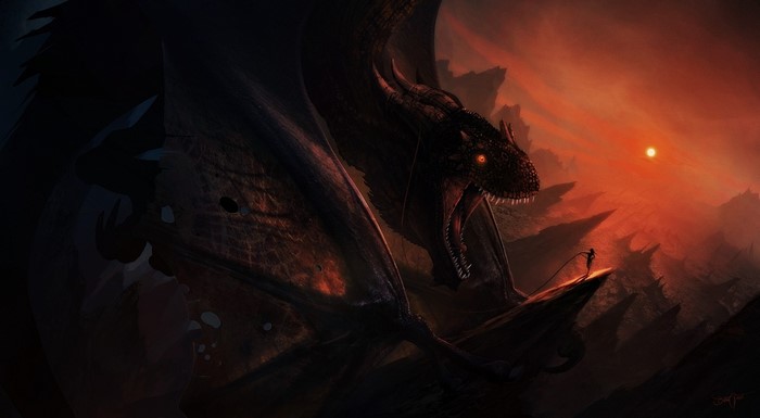 Dragon and a person on a cliff at sunset