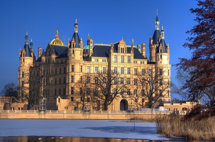 Schwerin Castle on a lake in Germany