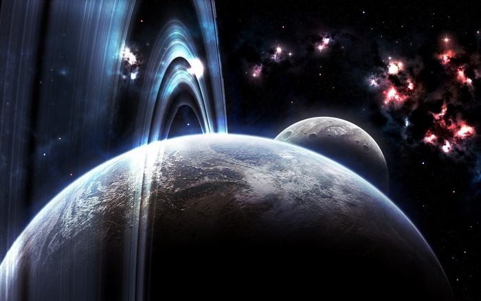 Planets with rings and a moon in space