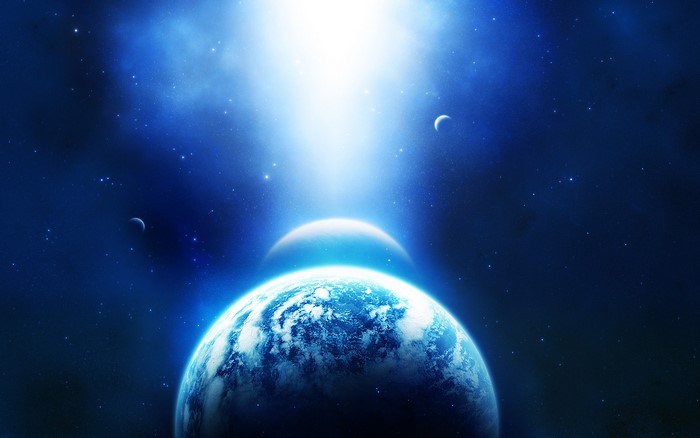 Planets in deep space with bright light