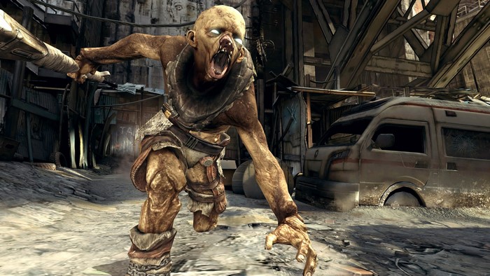 Mutant from Rage attacking in a ruined urban environment