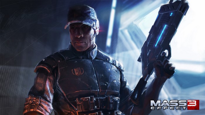 Mass Effect 3 character holding a futuristic weapon