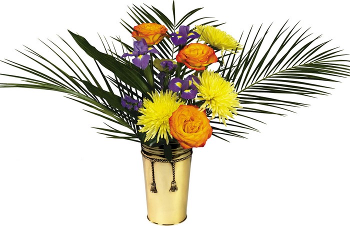 Bouquet of orange roses, yellow chrysanthemums, and purple irises in a gold vase