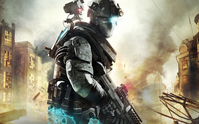 Soldier from Ghost Recon in a destroyed city