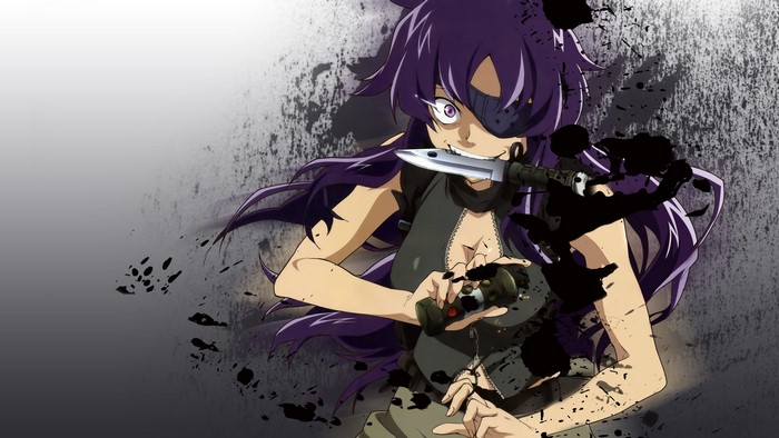 Yuno Gasai from Future Diary holding a knife and grenade