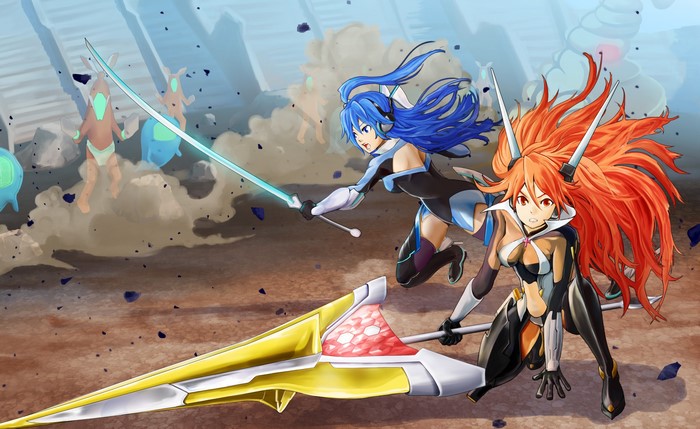 Two girls fighting with weapons in a battle