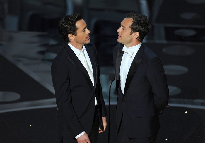 Robert Downey Jr. and Jude Law on stage