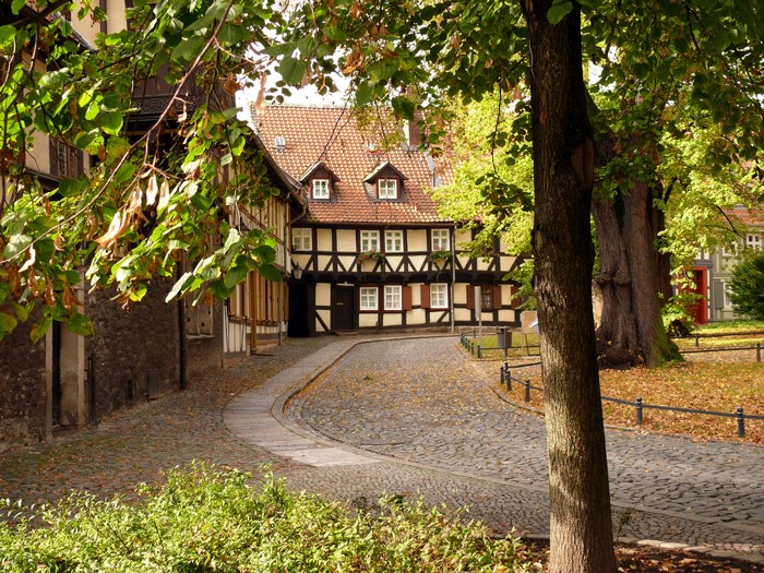 Half-timbered houses on a cobblestone street in Germany