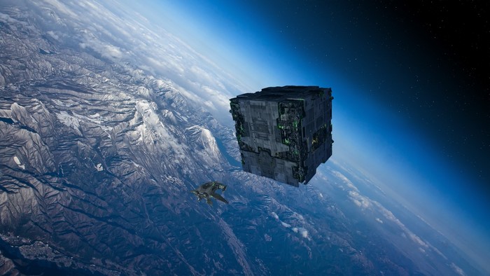 Spaceship and Borg Cube over a planet