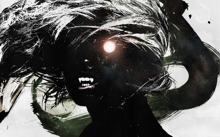 Vampire with glowing eye and fangs