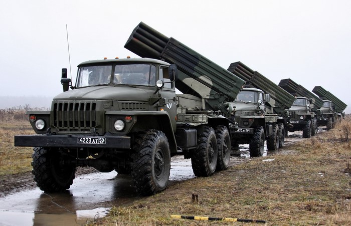 Multiple rocket launcher vehicles in a line