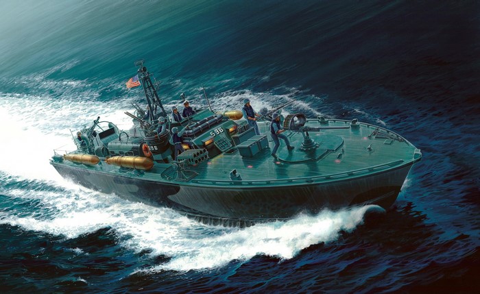 Painting of a PT boat in rough seas