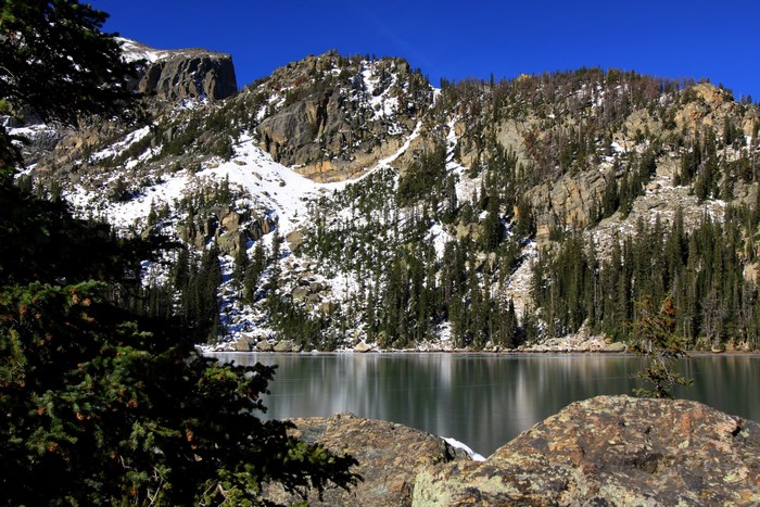 Rocky Mountain National Park Lake with Snow-Capped Mountains