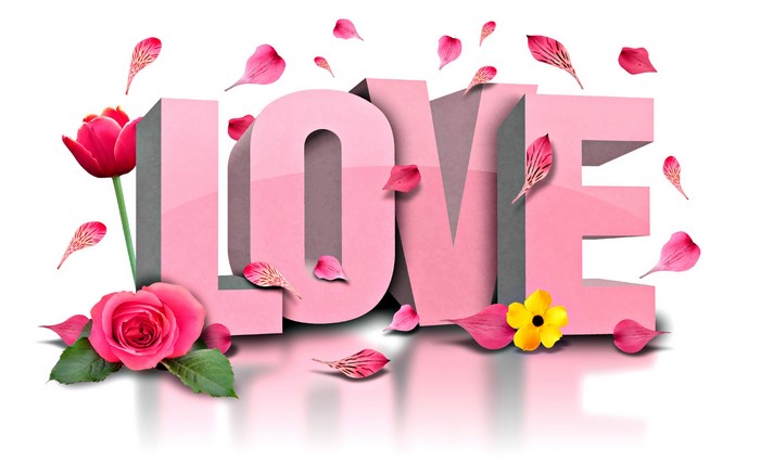 3D pink LOVE text with flowers and petals