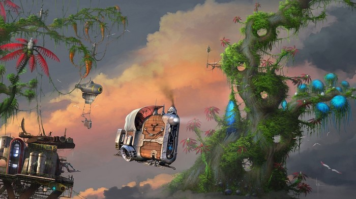 Steampunk airship and floating station in a fantastical world