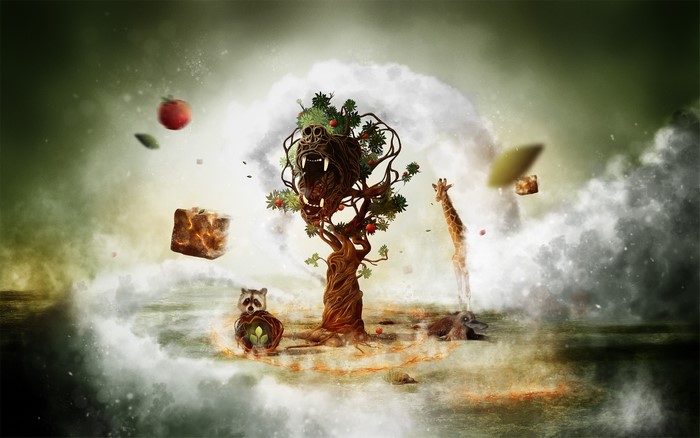 Surreal fantasy landscape with animals and a monstrous tree