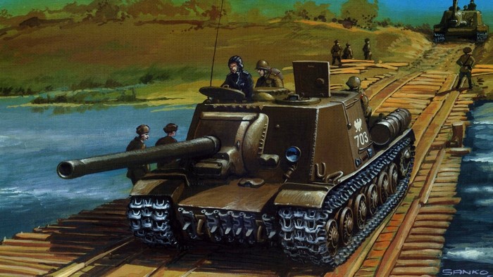 Painting of a military self-propelled gun crossing a bridge